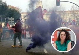 Imagen de la manifestación del 16F en León y, en pequeño, Elena Blasco Martín.